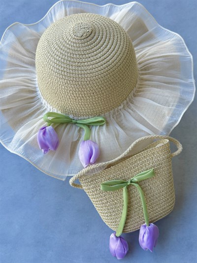 Lale Detaylı Hasır Şapka & Çanta Set