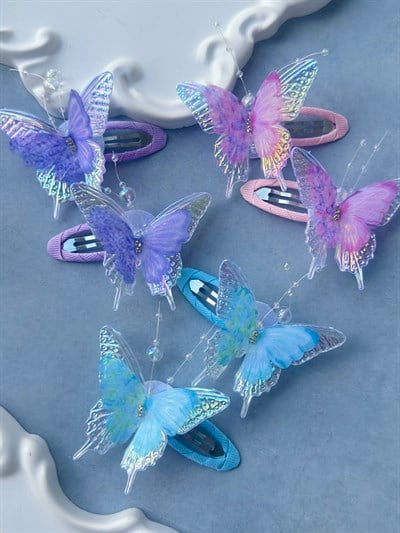 Kelebek Figürlü Boncuk Ve Tül Detaylı Çıtçıt Toka 7 cm