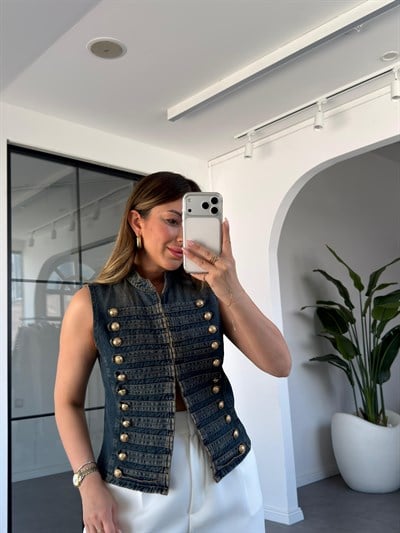 Napolyon Model Gold Düğme Detaylı Denim Yelek 5352