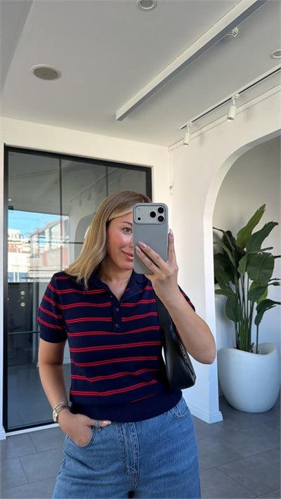 Polo Yaka Çizgili Triko Kazak 2746