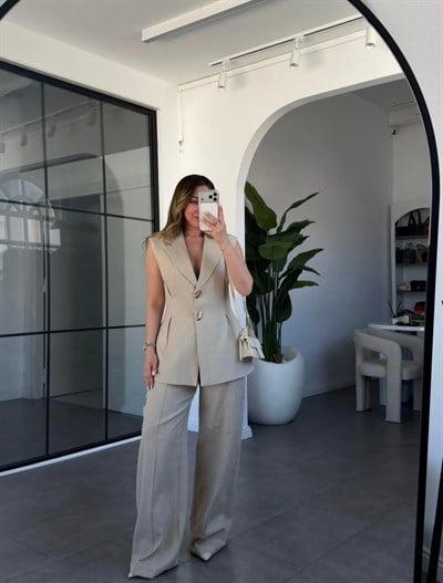 Pileli Keten Yelek Pantolon Takım 9298