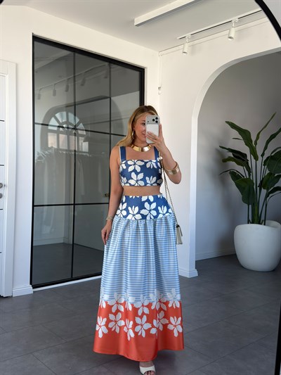 Hawai Desen Saten Crop Etek Takım 30459