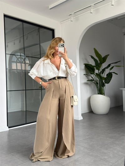 Paça Detaylı Kemerli  Keten Pantolon 501404