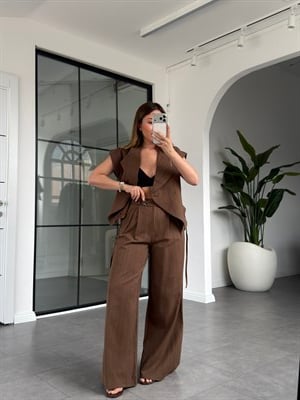 Keten Kruvaze Yaka Yelek Pantolon Takım 60634