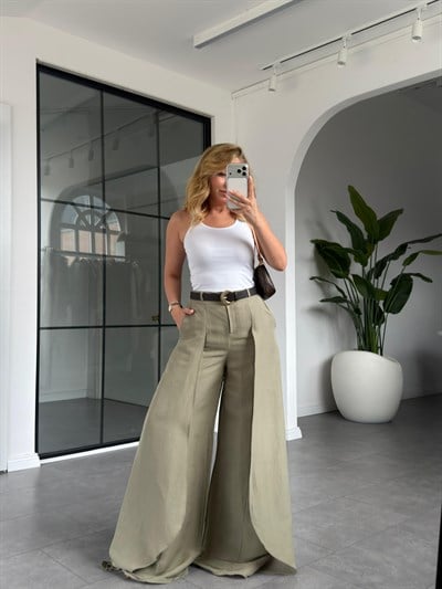 Paça Detaylı Kemerli  Keten Pantolon 501404