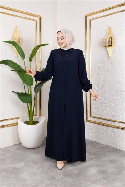 Bağcıklı Yaka Çizgi Dokulu Ferace 2265 Lacivert