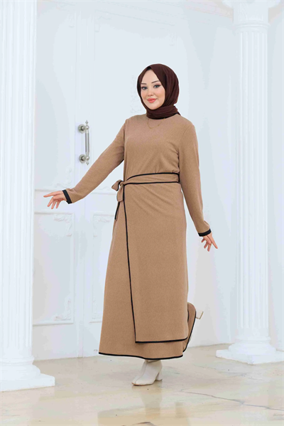 Pelerinli Triko Elbise 3016 Bej
