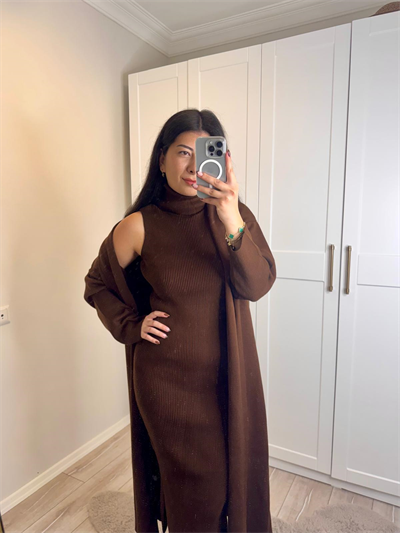 KAHVERENGİ ELBİSE HIRKA TAKIM