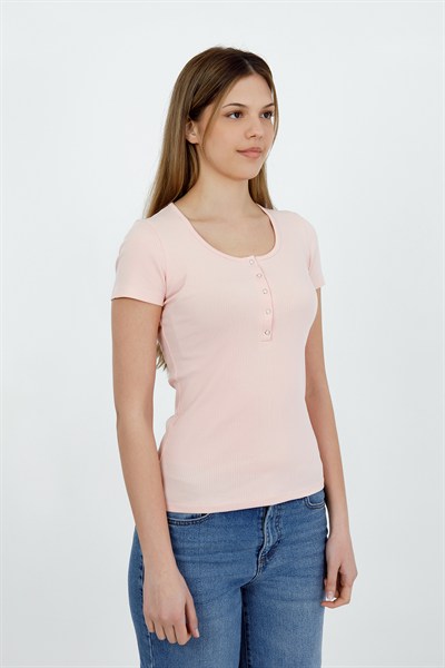 Hdm Kadın Esnek Fitilli Yakası Çıtçıtlı Pembe Kısa Kol Basic Örme Bluz - H5993
