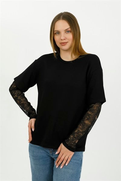 Hdm Kadın Siyah Kolu Dantelli Oversize Bisiklet Yaka Tişört - H6060