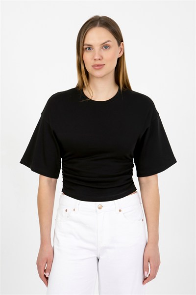 Hdm Kadın Siyah Yanları Büzgülü Kısa Kol T-Shirt - H6085