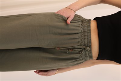 Bağcıklı Beli Lastikli Yüksek Bel Pantolon Haki