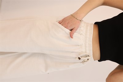 Bağcıklı Beli Lastikli Yüksek Bel Pantolon Ekru 