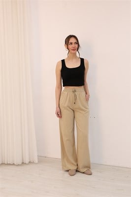 Bağcıklı Beli Lastikli Yüksek Bel Pantolon Bej Rengi