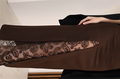 Dantel Detaylı Yırtmaçlı Kumaş Etek Kahve Rengi