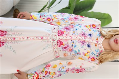 Dijital Baskı Çiçek Desen Kemerli Elbise Pembe