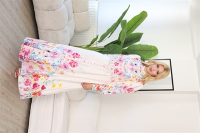 Dijital Baskı Çiçek Desen Kemerli Elbise Pembe