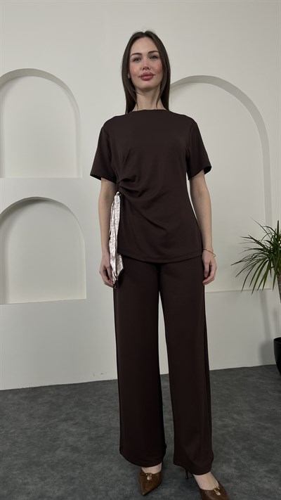 Fularlı Bağlama Detaylı T-Shirt Yüksek Bel Pantolon Alt Üst Takım 