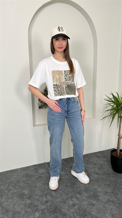 Kesik paça Straight Fit jean Pantolon Mavi