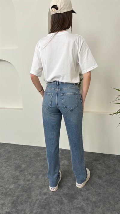 Kesik paça Straight Fit jean Pantolon Mavi