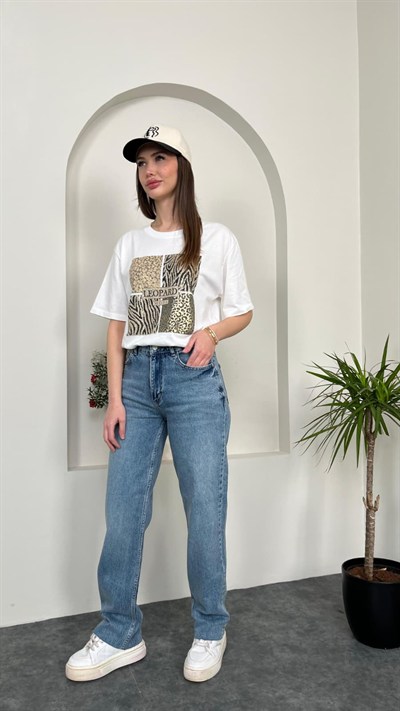 Kesik paça Straight Fit jean Pantolon Mavi