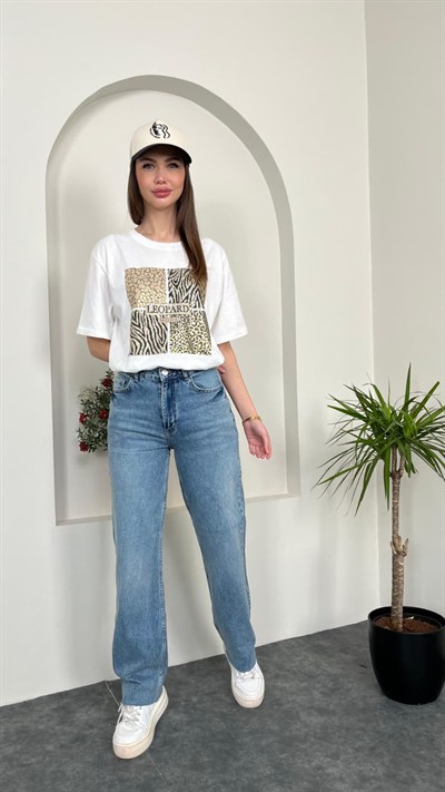 Kesik paça Straight Fit jean Pantolon Mavi