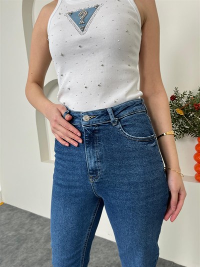 Likralı Yüksek Bel Boy Fit Mavi Jean