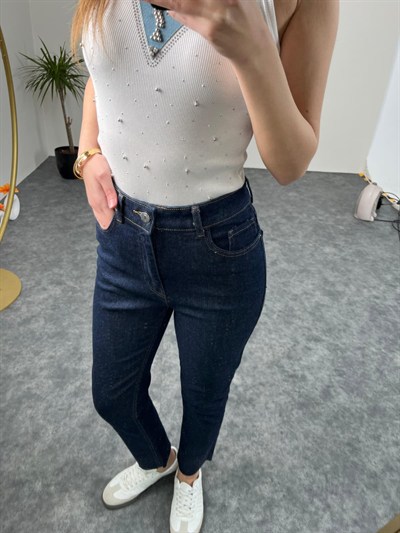 Likralı Yüksek Bel Boy Fit Lacivert Jean