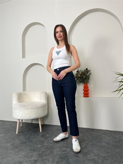 Likralı Yüksek Bel Boy Fit Lacivert Jean