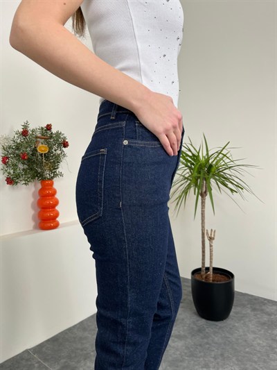 Likralı Yüksek Bel Boy Fit Lacivert Jean