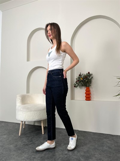 Likralı Yüksek Bel Boy Fit Lacivert Jean