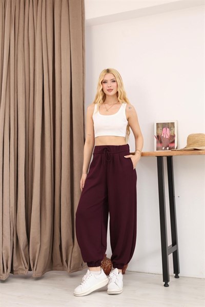 Modal Kumaş Beli Lastikli Şalvar Pantolon Bordo