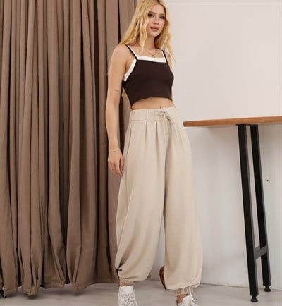 Modal Kumaş Beli Lastikli Şalvar Pantolon Bej
