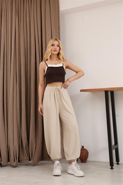 Modal Kumaş Beli Lastikli Şalvar Pantolon Bej