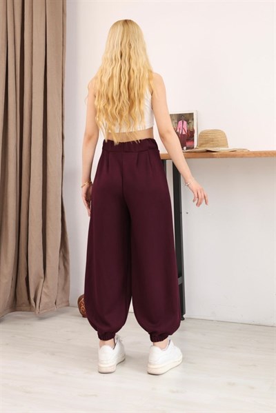 Modal Kumaş Beli Lastikli Şalvar Pantolon Bordo