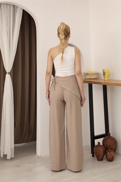 Pareo Bağlamalı Beli Lastikli Pantolon Bej