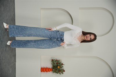 Wıde Leg Cam Kırığı Taşlı Jean Mavi Renk