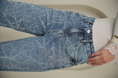 Wıde Leg Cam Kırığı Taşlı Jean Mavi Renk