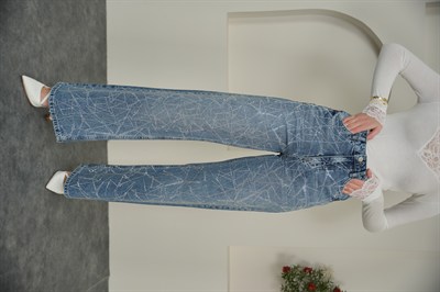 Wıde Leg Cam Kırığı Taşlı Jean Mavi Renk