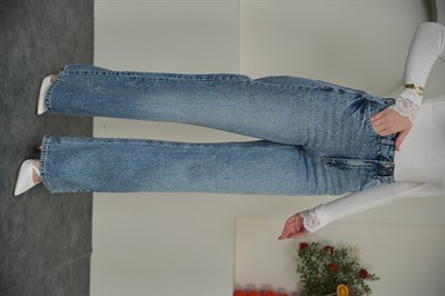 Wıde Leg Kar tanesi Taşlı Jean Mavi Renk