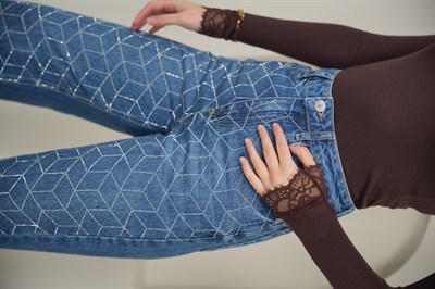 Wıde Leg Prizma Taşlı Jean Mavi Renk
