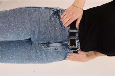 Wıde Leg Yüksek Bel Ön Arka Taşlı Jean Mavi Renk
