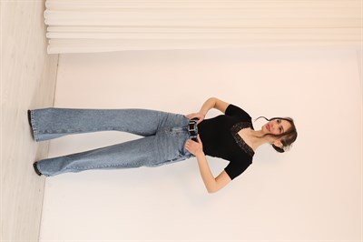 Wıde Leg Yüksek Bel Ön Arka Taşlı Jean Mavi Renk