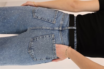 Wıde Leg Yüksek Bel Ön Arka Taşlı Jean Mavi Renk
