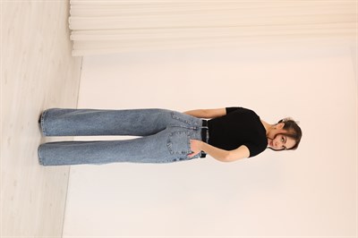 Wıde Leg Yüksek Bel Ön Arka Taşlı Jean Mavi Renk