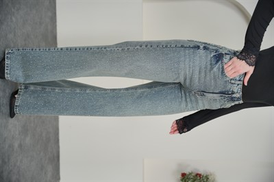 Wıde Leg Yüksek Bel Serpme Cam Taşlı Jean Mavi Renk