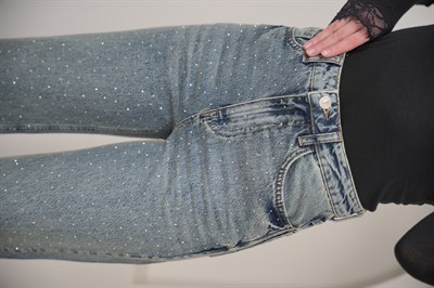 Wıde Leg Yüksek Bel Serpme Cam Taşlı Jean Mavi Renk