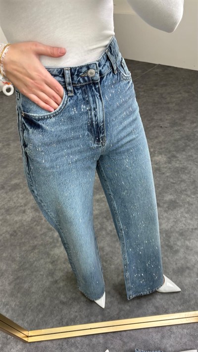 Wıde Leg Yüksek Bel Yeni Kar tanesi Taşlı Jean Mavi Renk