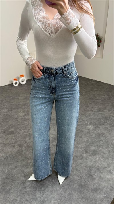 Wıde Leg Yüksek Bel Yeni Kar tanesi Taşlı Jean Mavi Renk