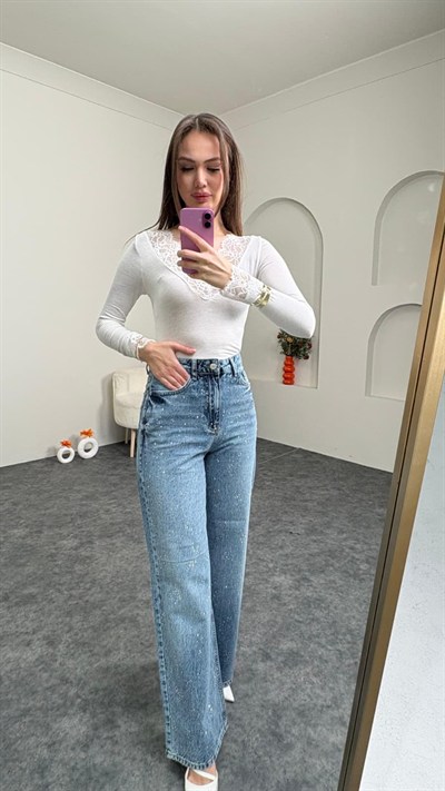 Wıde Leg Yüksek Bel Yeni Kar tanesi Taşlı Jean Mavi Renk